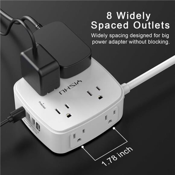 6 Ft Surge Protector Power Strip - 8 Widely Outlets with 4 USB Ports, 3 Side - Picture 3 of 8